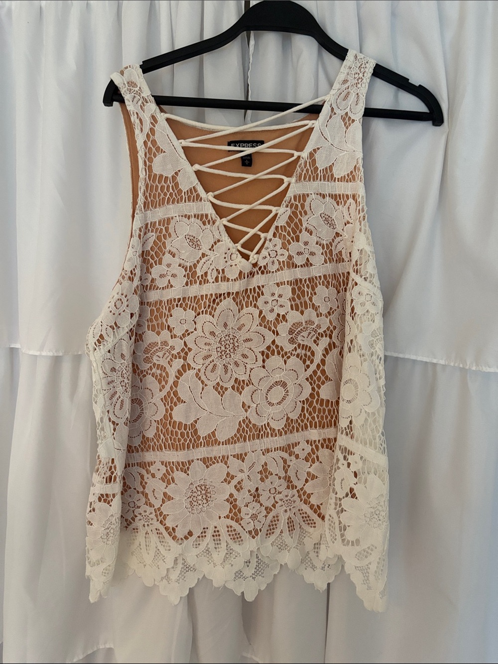 Express Ivory Lace Crochet Tank with Crisscross Back